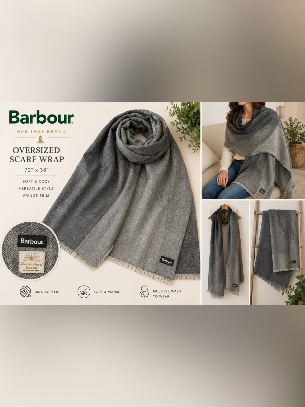 Barbour Heritage Brand Oversized Fringe Scarf Wrap Gray Ombré Blanket Scarf